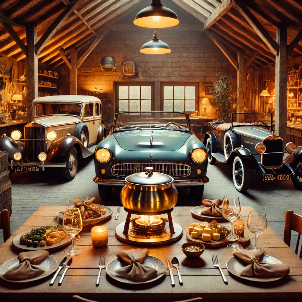 DALL·E 2024 10 09 07.49.45 A cozy scene of a fondue dinner set between vintage Oldtimers in a rustic charming garage like setting. The warm golden light from the fondue pot ill